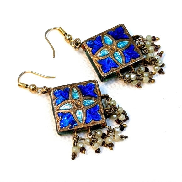 Vintage handmade enamel and rhinestone reversible side Indian Bollywood earrings - Picture 6 of 6
